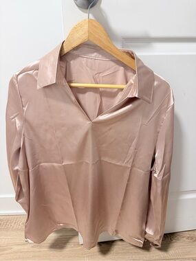 Satin V-Neck Collared Blouse in Blush